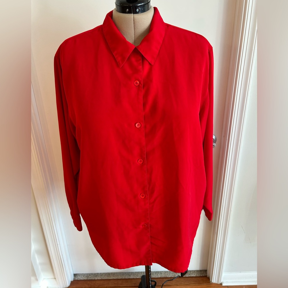 Vibrant red blouse, long sleeve, button up
